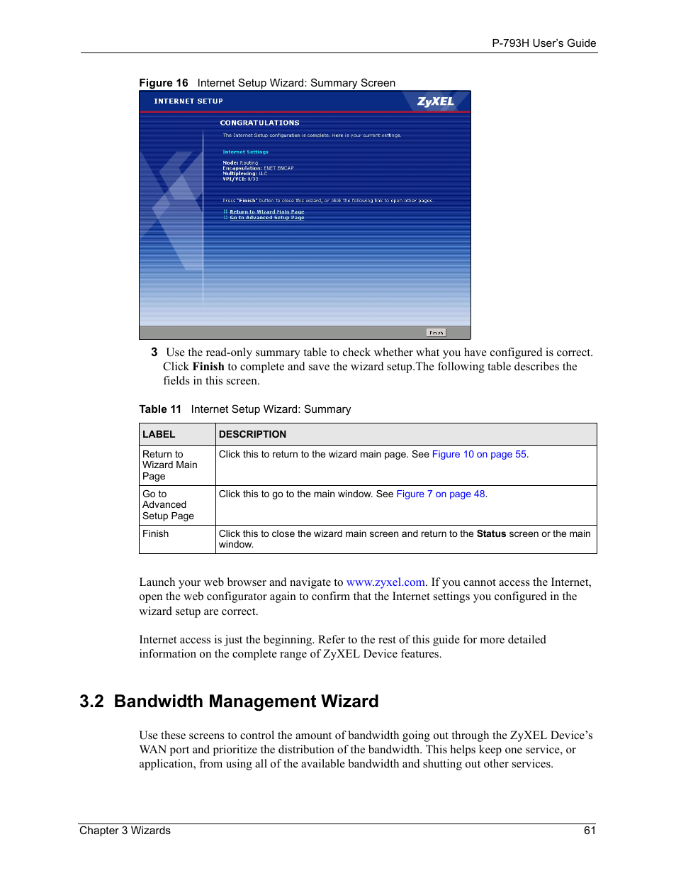 2 bandwidth management wizard, Figure 16 internet setup wizard: summary screen, Table 11 internet setup wizard: summary | Section 3.2 on | ZyXEL Communications G.SHDSL.bis 4-port Security Gateway P-793H User Manual | Page 61 / 432