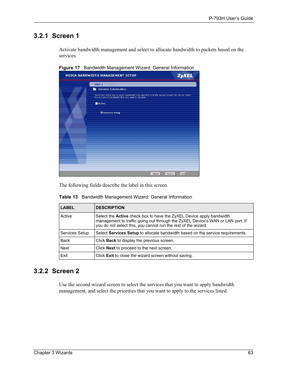 1 screen 1, 2 screen 2, 1 screen 1 3.2.2 screen 2 | ZyXEL Communications G.SHDSL.bis 4-port Security Gateway P-793H User Manual | Page 63 / 432