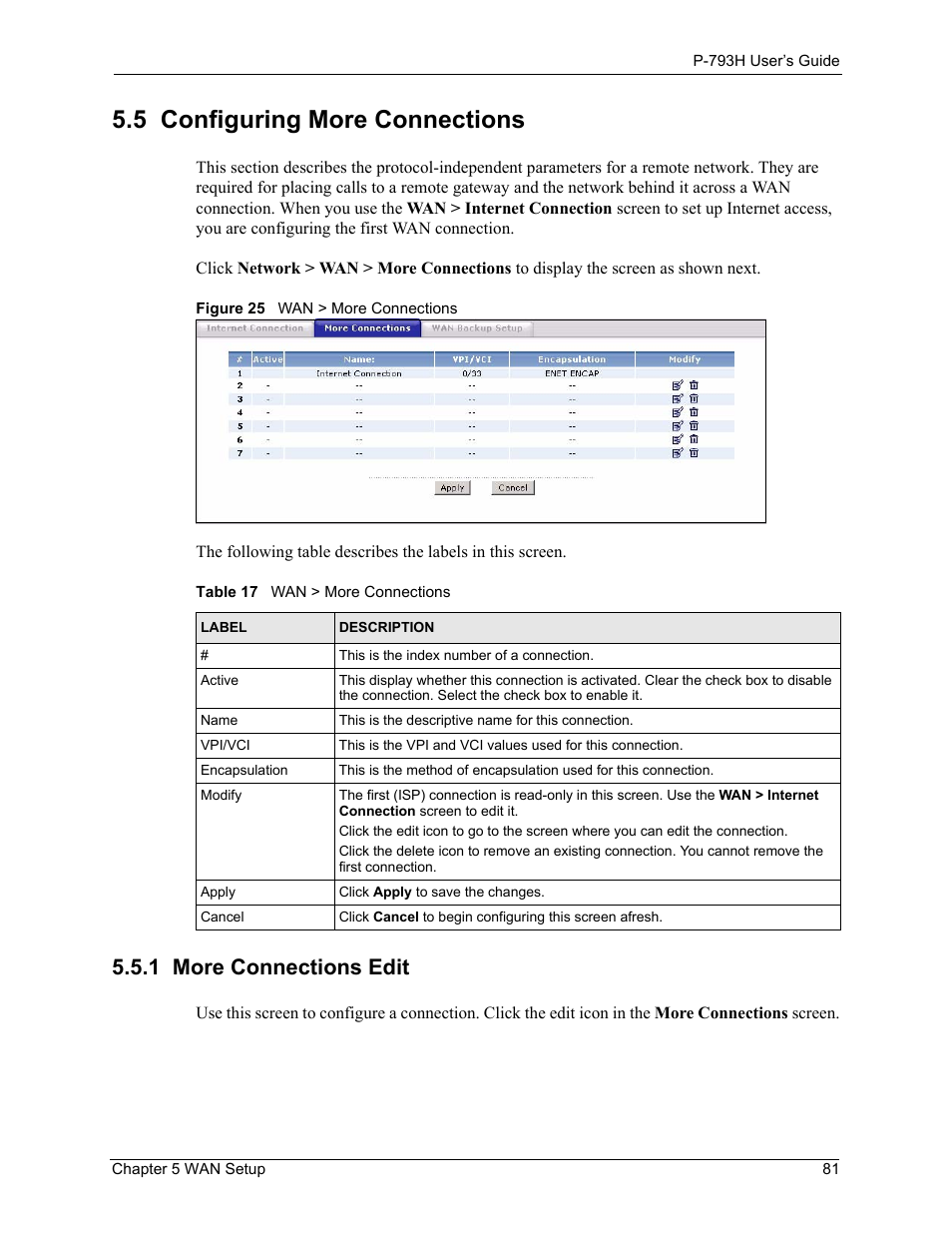 5 configuring more connections, 1 more connections edit, Figure 25 wan > more connections | Table 17 wan > more connections | ZyXEL Communications G.SHDSL.bis 4-port Security Gateway P-793H User Manual | Page 81 / 432