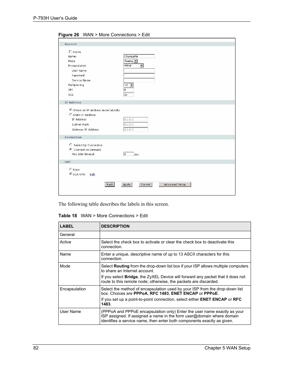 Figure 26 wan > more connections > edit, Table 18 wan > more connections > edit | ZyXEL Communications G.SHDSL.bis 4-port Security Gateway P-793H User Manual | Page 82 / 432