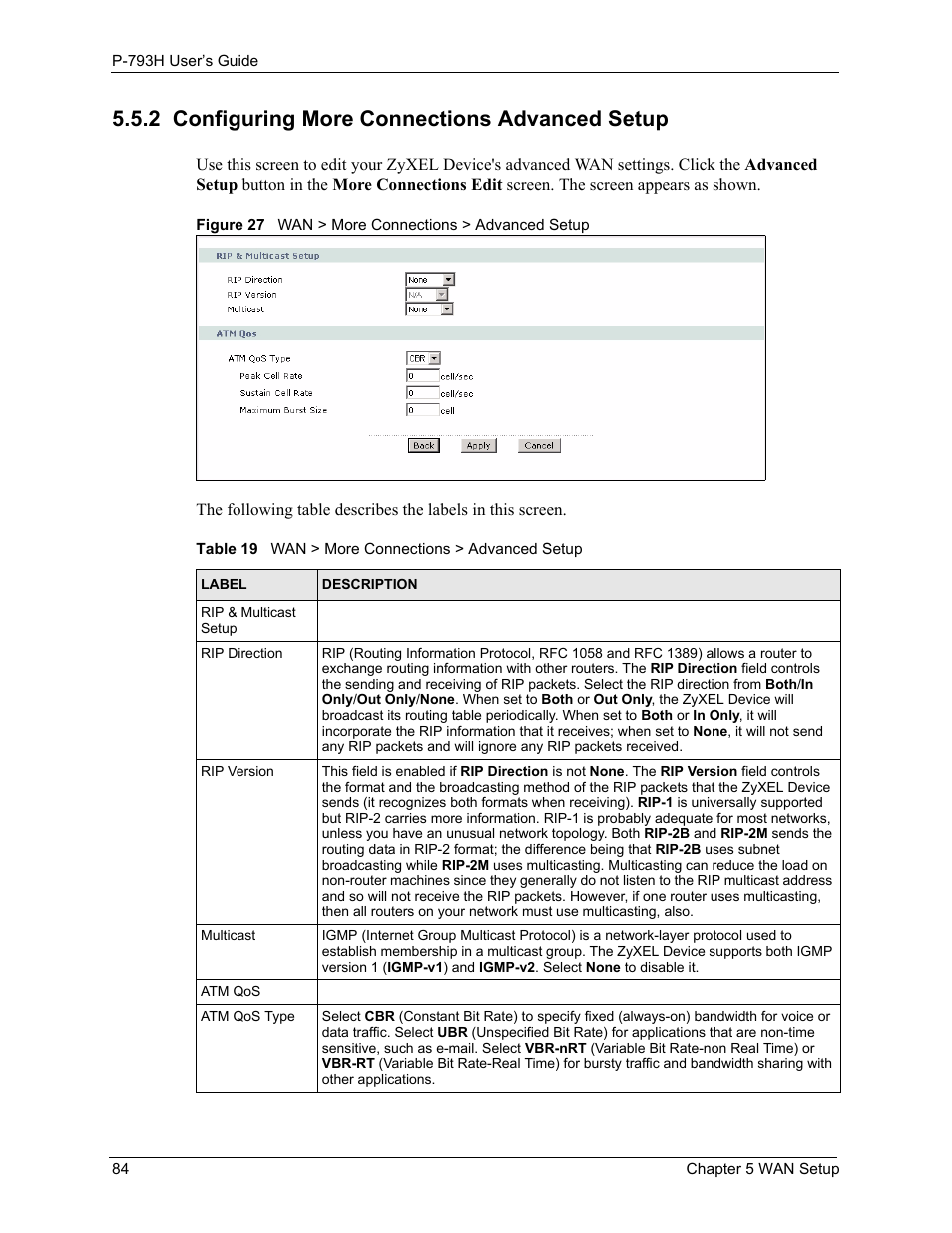 2 configuring more connections advanced setup, Figure 27 wan > more connections > advanced setup, Table 19 wan > more connections > advanced setup | ZyXEL Communications G.SHDSL.bis 4-port Security Gateway P-793H User Manual | Page 84 / 432