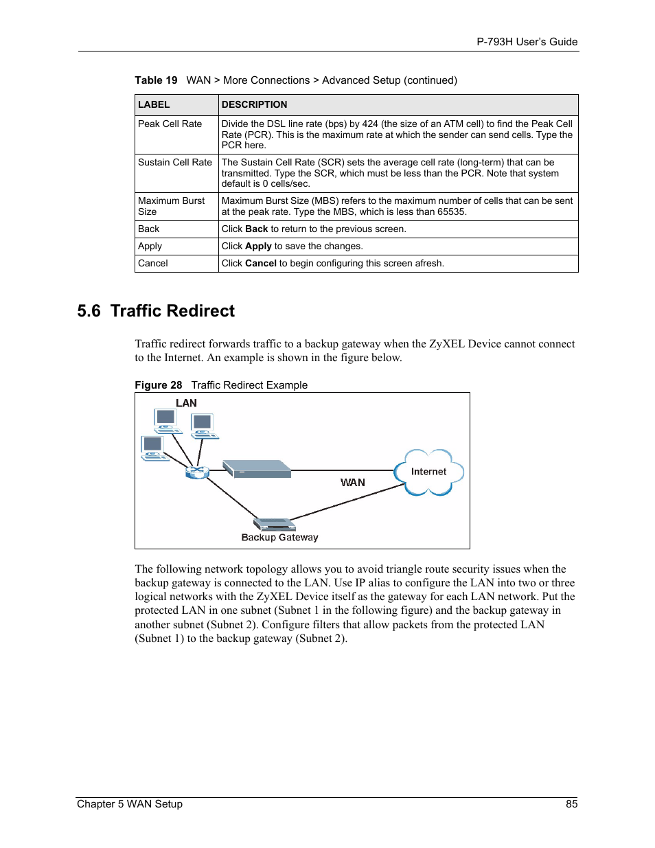 6 traffic redirect, Figure 28 traffic redirect example | ZyXEL Communications G.SHDSL.bis 4-port Security Gateway P-793H User Manual | Page 85 / 432