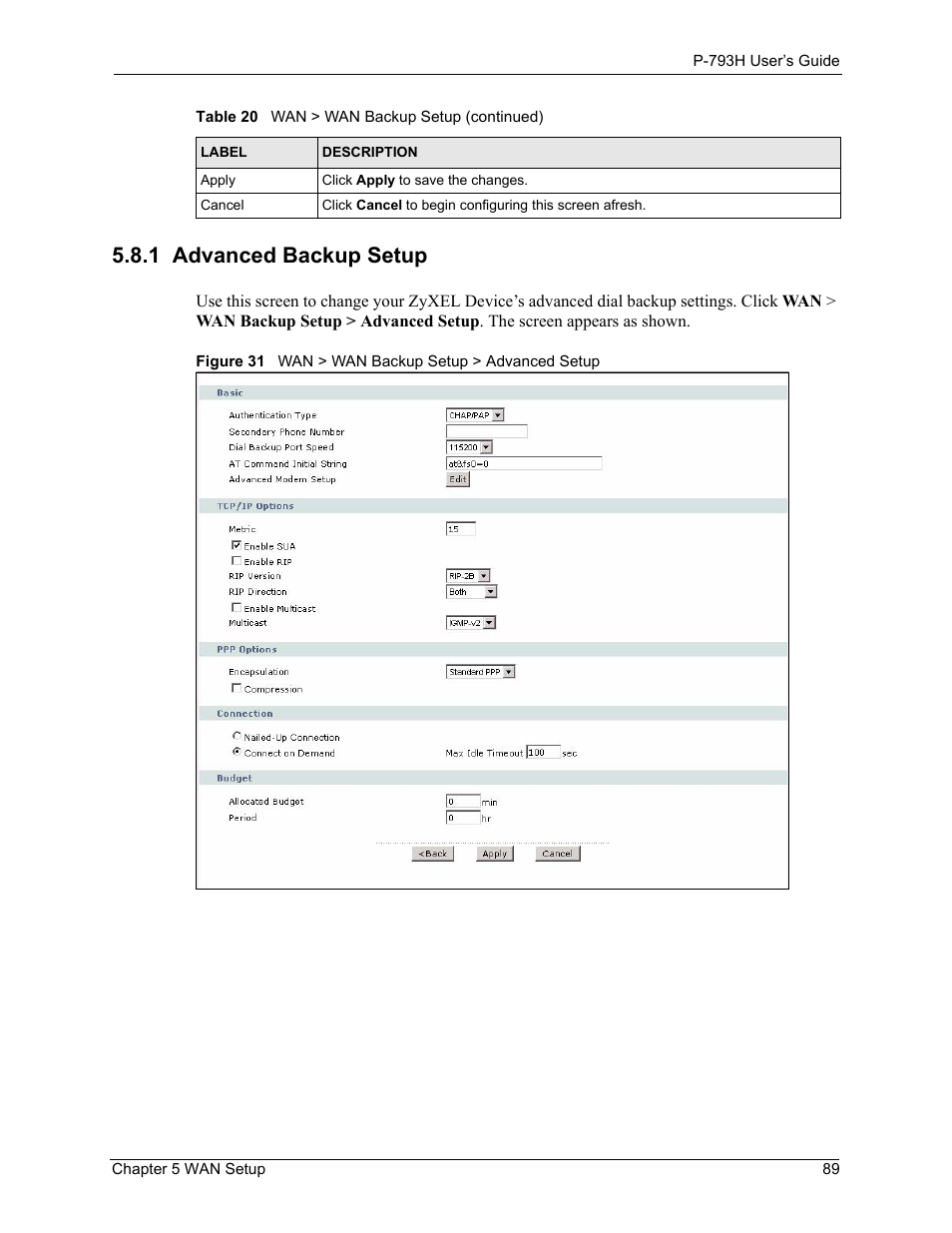 1 advanced backup setup, Figure 31 wan > wan backup setup > advanced setup | ZyXEL Communications G.SHDSL.bis 4-port Security Gateway P-793H User Manual | Page 89 / 432