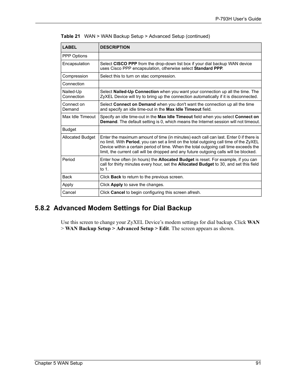 2 advanced modem settings for dial backup | ZyXEL Communications G.SHDSL.bis 4-port Security Gateway P-793H User Manual | Page 91 / 432