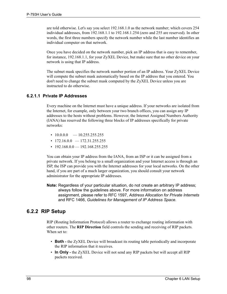 1 private ip addresses, 2 rip setup | ZyXEL Communications G.SHDSL.bis 4-port Security Gateway P-793H User Manual | Page 98 / 432