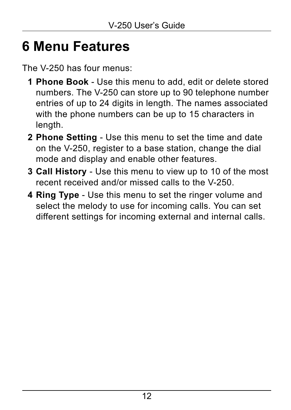 6 menu features | ZyXEL Communications V-250 User Manual | Page 12 / 26