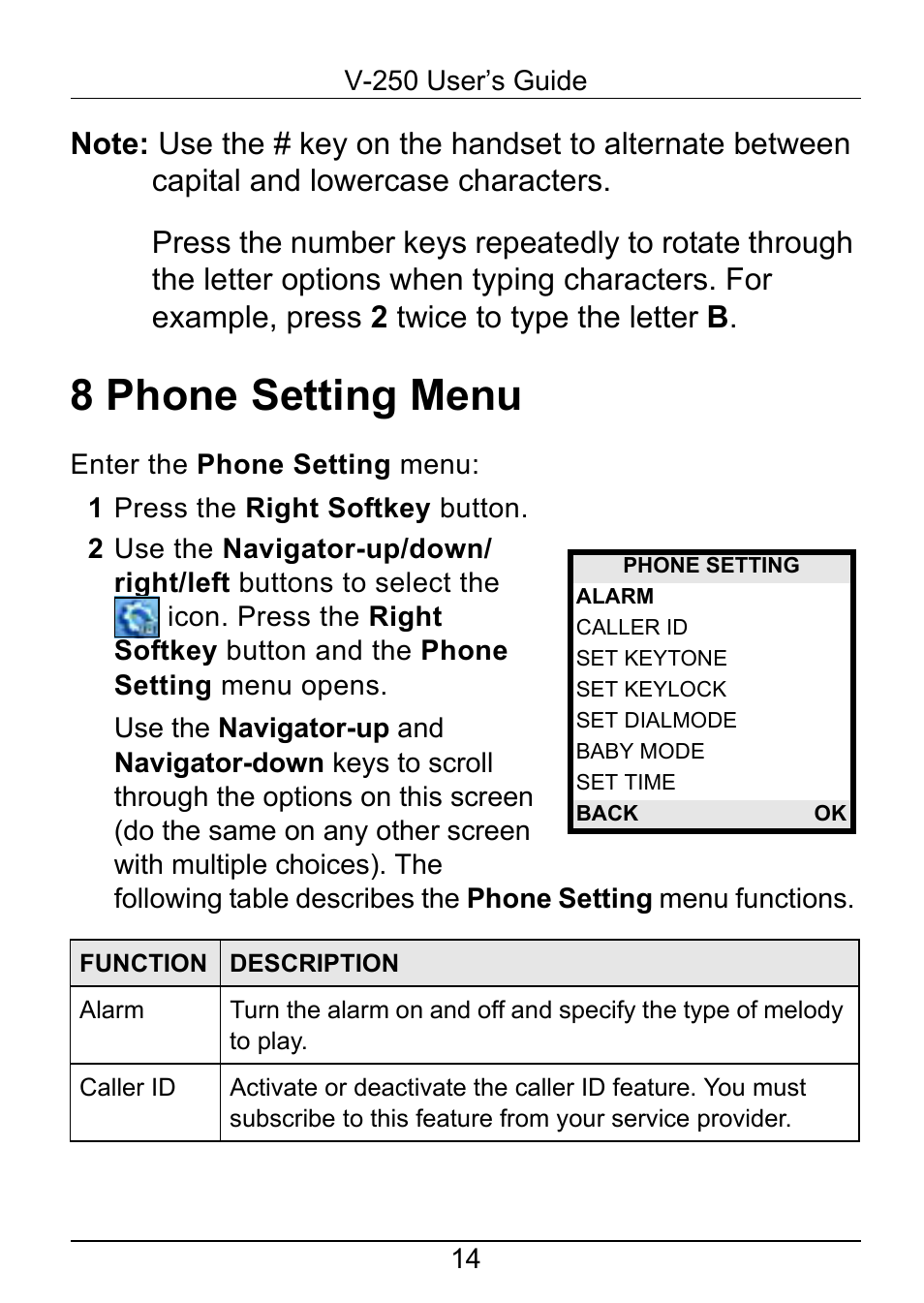 8 phone setting menu | ZyXEL Communications V-250 User Manual | Page 14 / 26