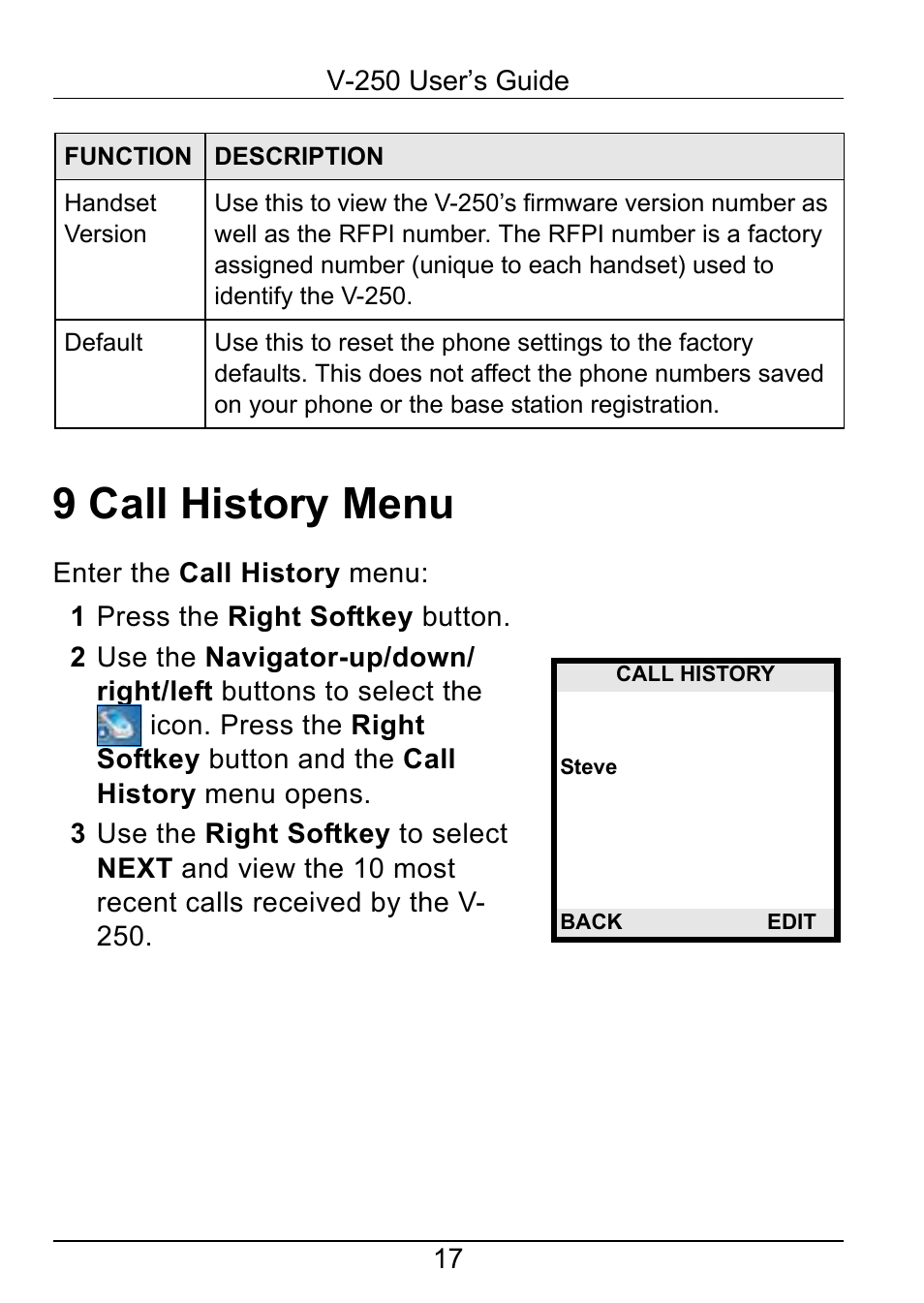 9 call history menu | ZyXEL Communications V-250 User Manual | Page 17 / 26