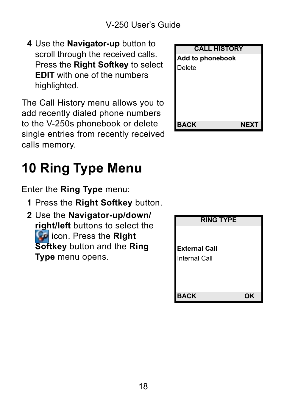 10 ring type menu | ZyXEL Communications V-250 User Manual | Page 18 / 26