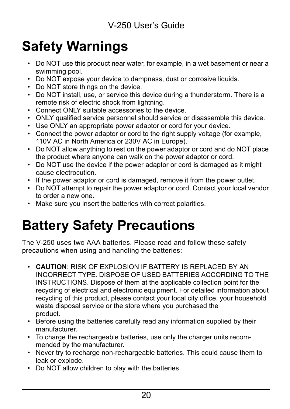 Safety warnings, Battery safety precautions | ZyXEL Communications V-250 User Manual | Page 20 / 26