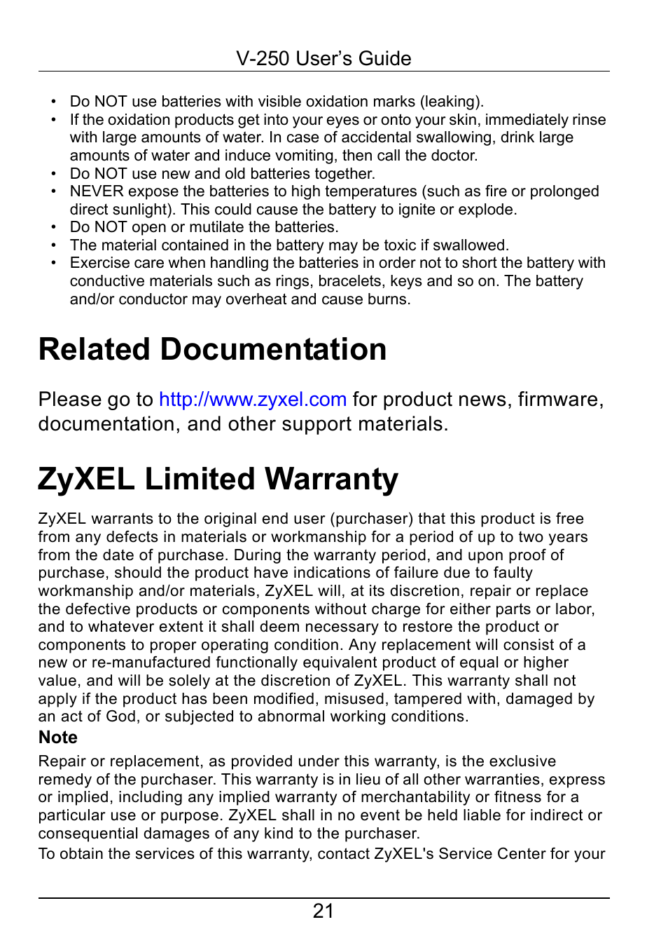 Related documentation, Zyxel limited warranty | ZyXEL Communications V-250 User Manual | Page 21 / 26