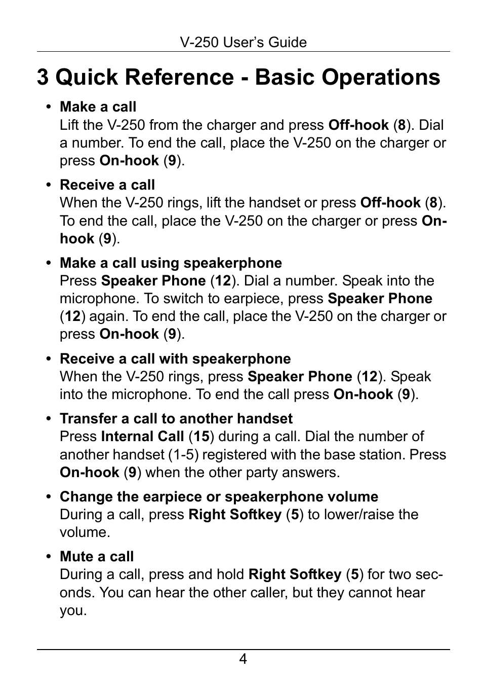 3 quick reference - basic operations | ZyXEL Communications V-250 User Manual | Page 4 / 26