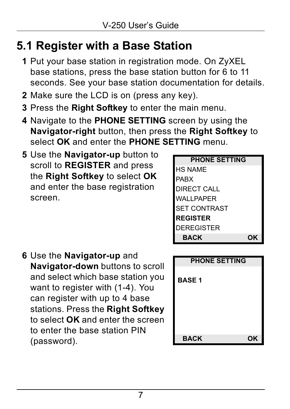 1 register with a base station, 7v-250 user’s guide | ZyXEL Communications V-250 User Manual | Page 7 / 26