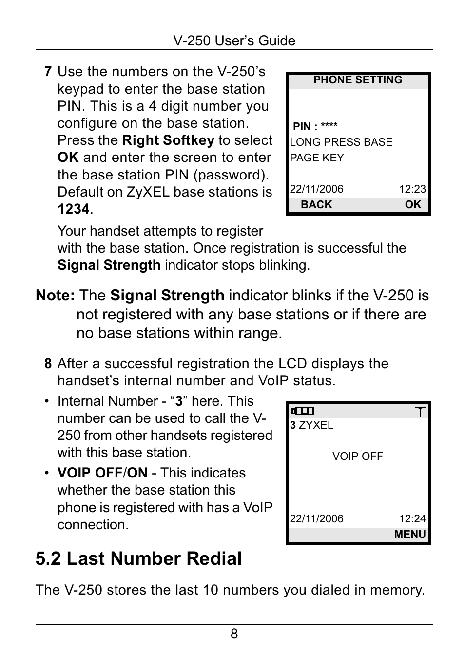 2 last number redial | ZyXEL Communications V-250 User Manual | Page 8 / 26