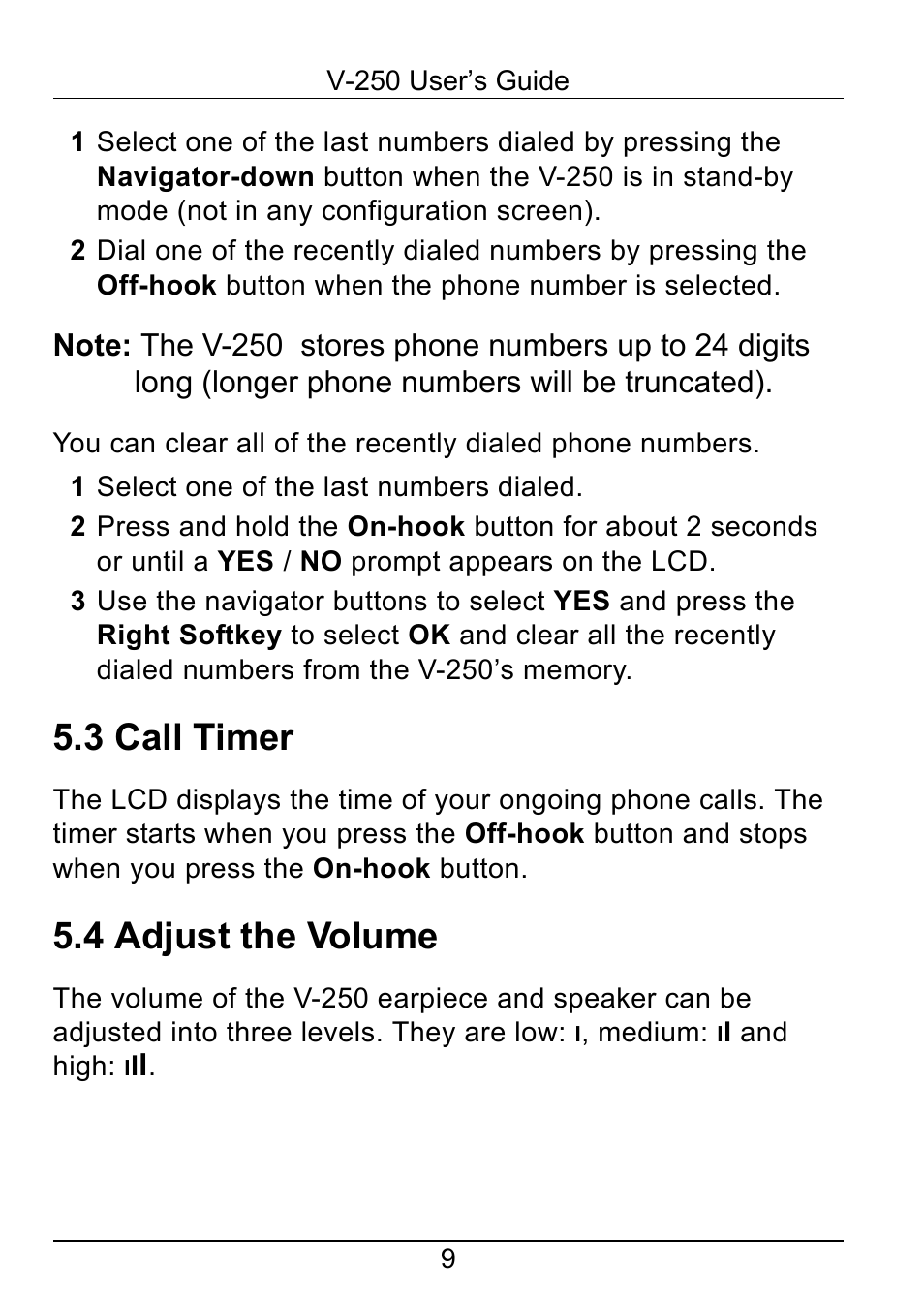 3 call timer, 4 adjust the volume | ZyXEL Communications V-250 User Manual | Page 9 / 26