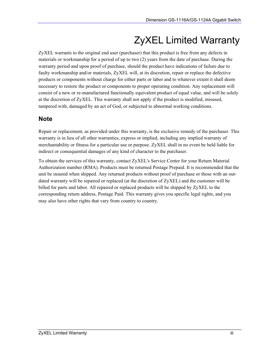 Zyxel limited warranty | ZyXEL Communications GS-1124A User Manual | Page 3 / 30