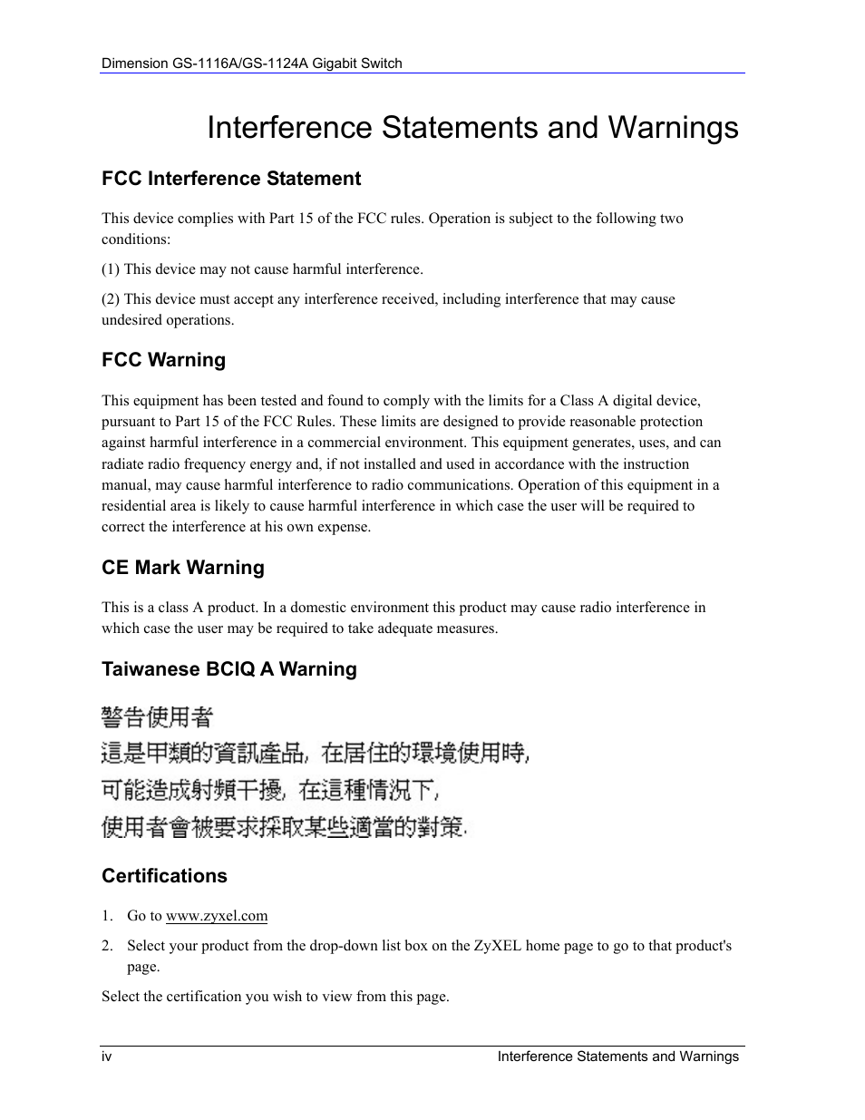 Interference statements and warnings | ZyXEL Communications GS-1124A User Manual | Page 4 / 30
