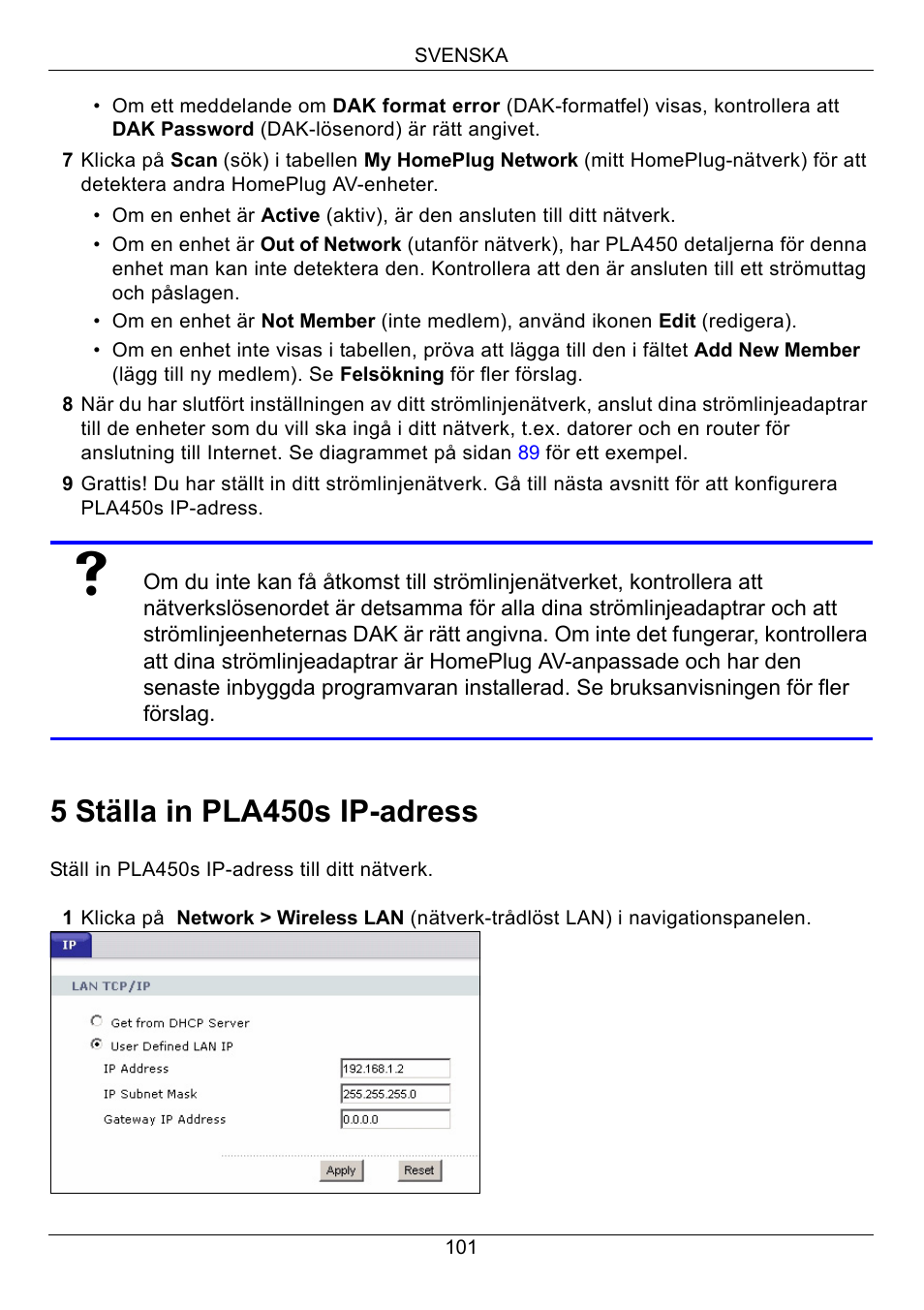 5 ställa in pla450s ip-adress | ZyXEL Communications PLA450 Series User Manual | Page 101 / 103