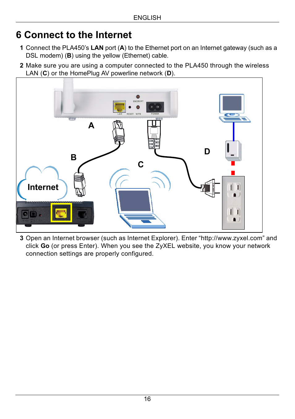 6 connect to the internet | ZyXEL Communications PLA450 Series User Manual | Page 16 / 103