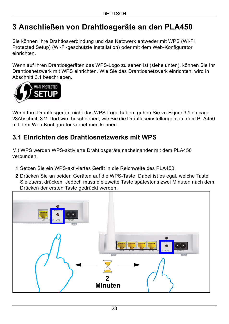 3 anschließen von drahtlosgeräte an den pla450, 1 einrichten des drahtlosnetzwerks mit wps, 2minuten | ZyXEL Communications PLA450 Series User Manual | Page 23 / 103
