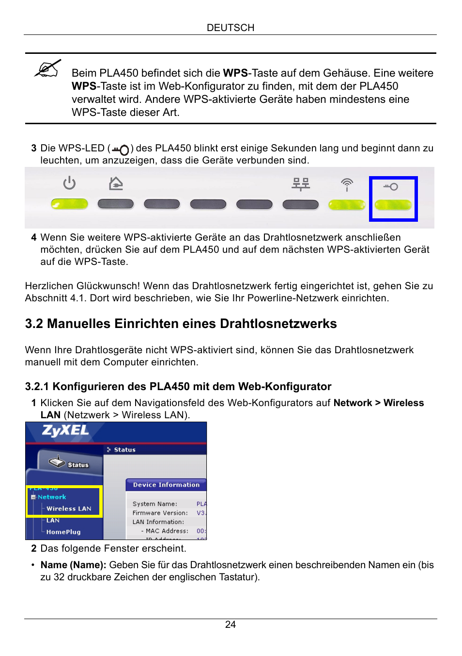 2 manuelles einrichten eines drahtlosnetzwerks | ZyXEL Communications PLA450 Series User Manual | Page 24 / 103