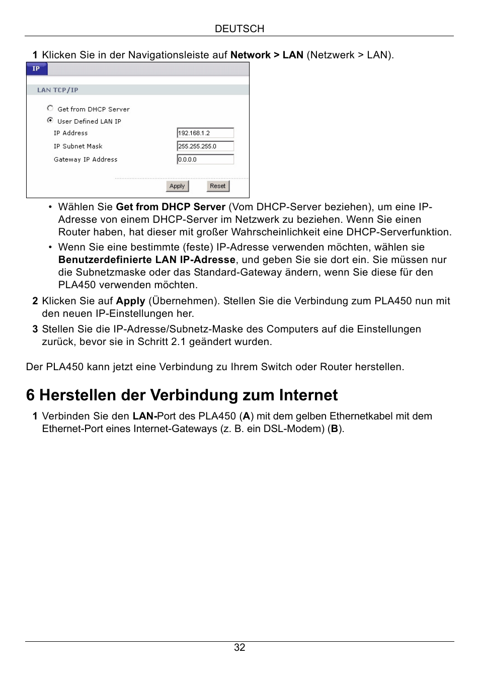 6 herstellen der verbindung zum internet | ZyXEL Communications PLA450 Series User Manual | Page 32 / 103