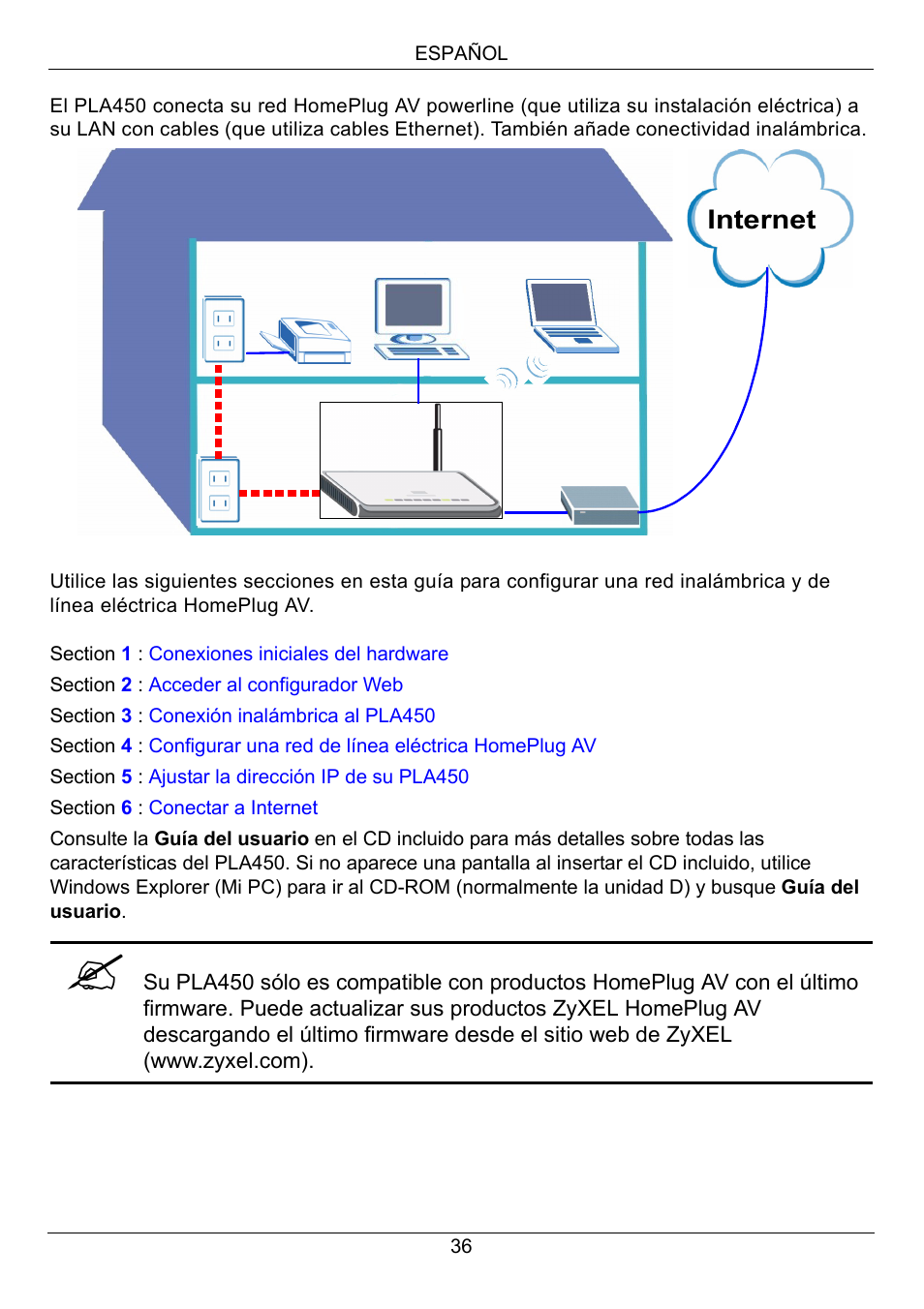 Español, Internet | ZyXEL Communications PLA450 Series User Manual | Page 36 / 103
