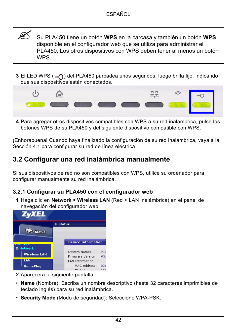 2 configurar una red inalámbrica manualmente | ZyXEL Communications PLA450 Series User Manual | Page 42 / 103