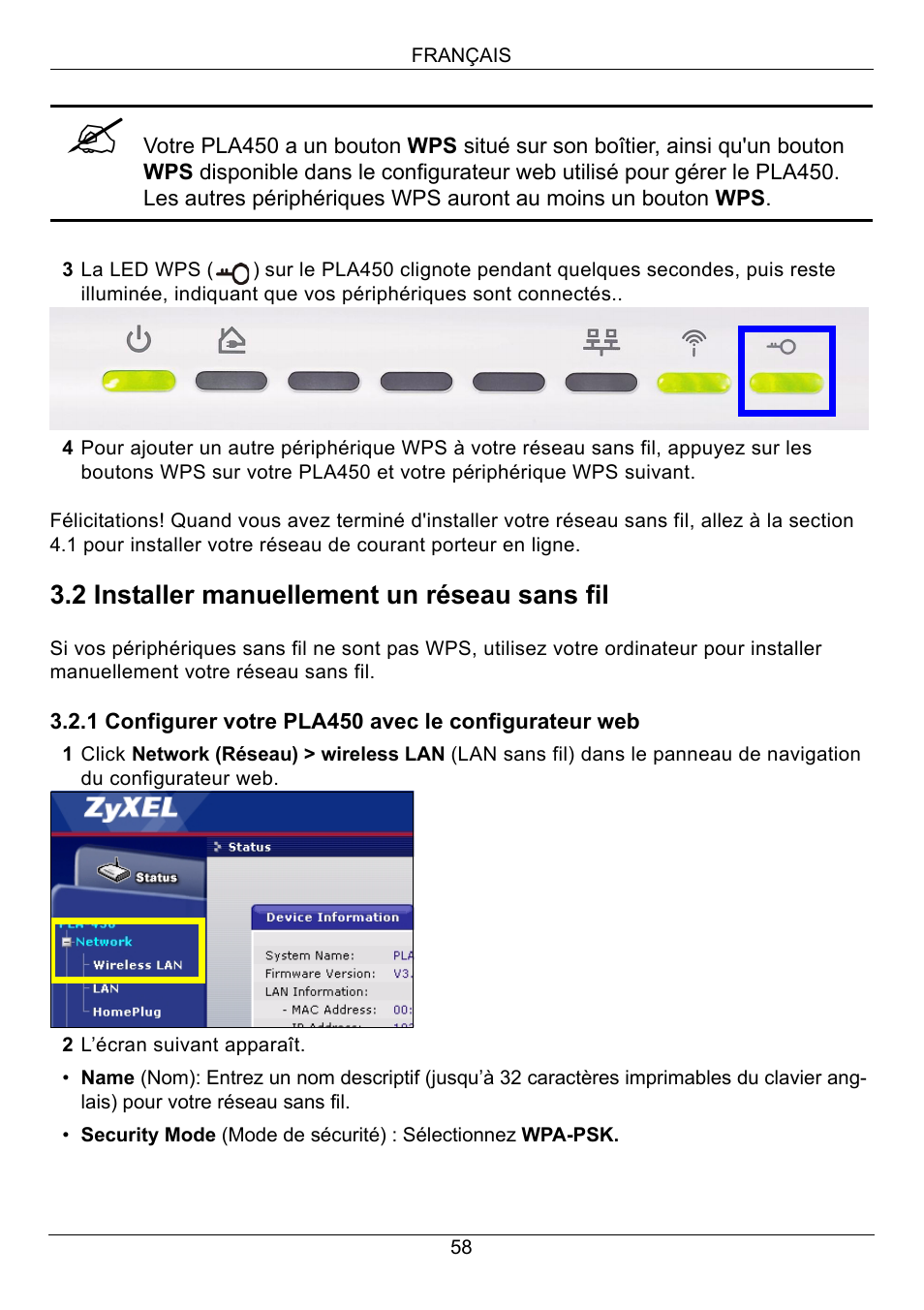 2 installer manuellement un réseau sans fil | ZyXEL Communications PLA450 Series User Manual | Page 58 / 103