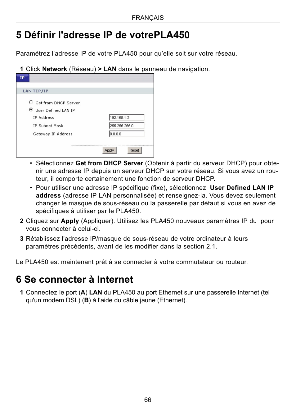 5 définir l'adresse ip de votrepla450, 6 se connecter à internet | ZyXEL Communications PLA450 Series User Manual | Page 66 / 103