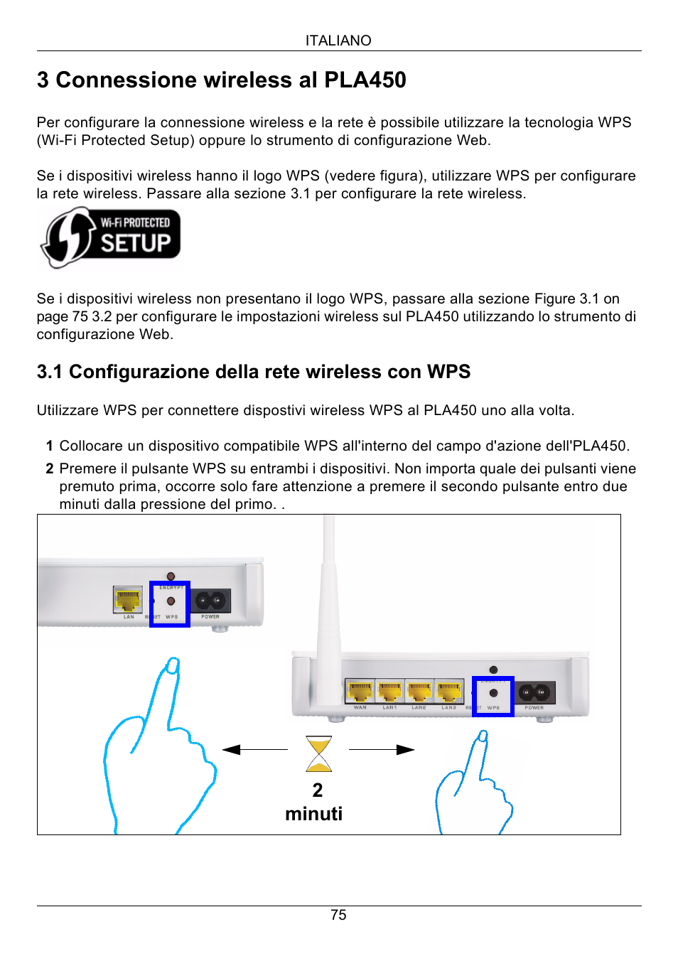 3 connessione wireless al pla450, 1 configurazione della rete wireless con wps, 2minuti | ZyXEL Communications PLA450 Series User Manual | Page 75 / 103