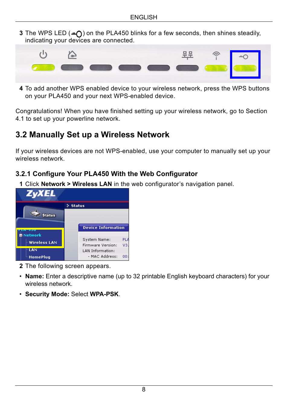 2 manually set up a wireless network | ZyXEL Communications PLA450 Series User Manual | Page 8 / 103