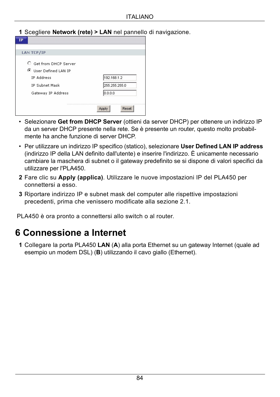 6 connessione a internet | ZyXEL Communications PLA450 Series User Manual | Page 84 / 103