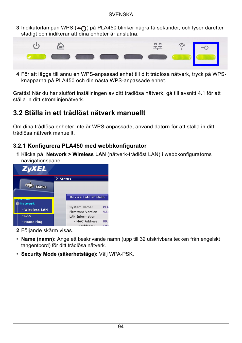 2 ställa in ett trådlöst nätverk manuellt | ZyXEL Communications PLA450 Series User Manual | Page 94 / 103