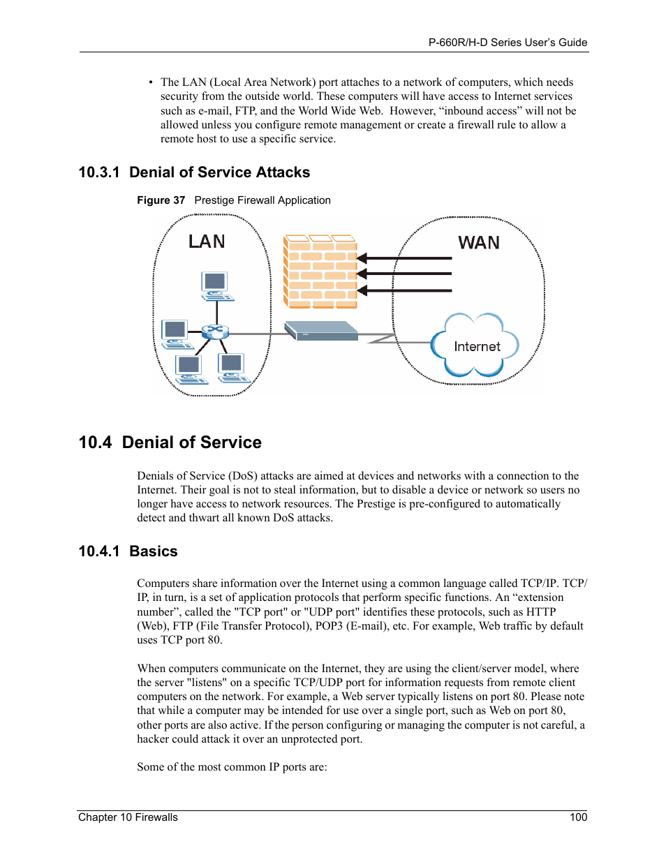 1 denial of service attacks, 4 denial of service, 1 basics | Figure 37 prestige firewall application | ZyXEL Communications P-660H-D Series User Manual | Page 101 / 421