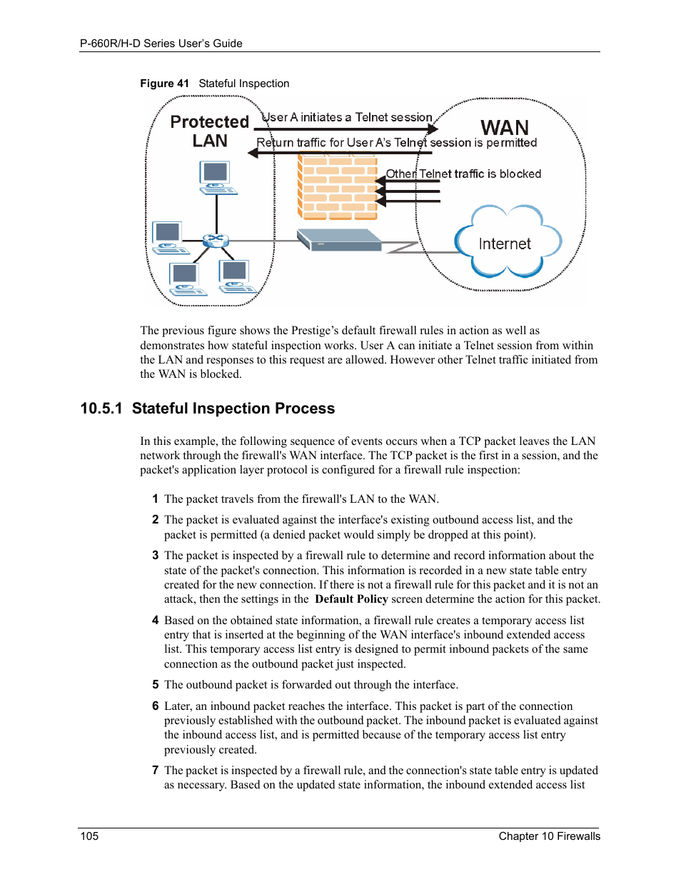 1 stateful inspection process, Figure 41 stateful inspection | ZyXEL Communications P-660H-D Series User Manual | Page 106 / 421