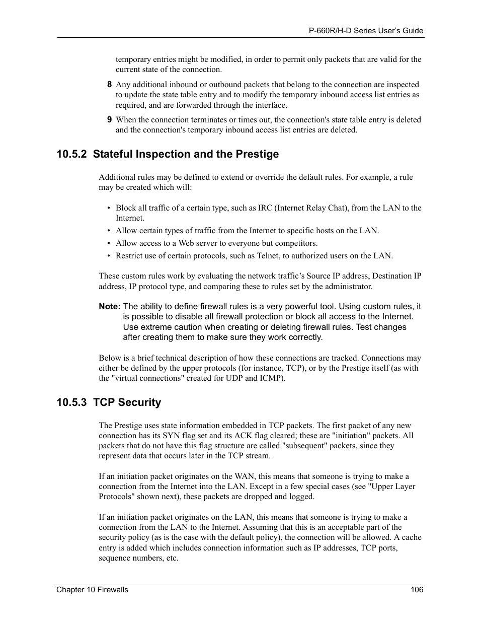 2 stateful inspection and the prestige, 3 tcp security | ZyXEL Communications P-660H-D Series User Manual | Page 107 / 421