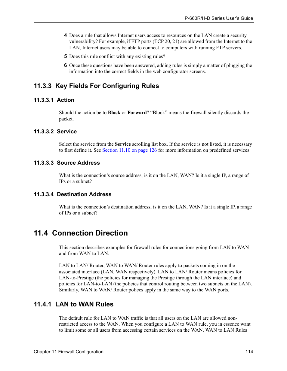 3 key fields for configuring rules, 1 action, 2 service | 3 source address, 4 destination address, 4 connection direction, 1 lan to wan rules | ZyXEL Communications P-660H-D Series User Manual | Page 115 / 421