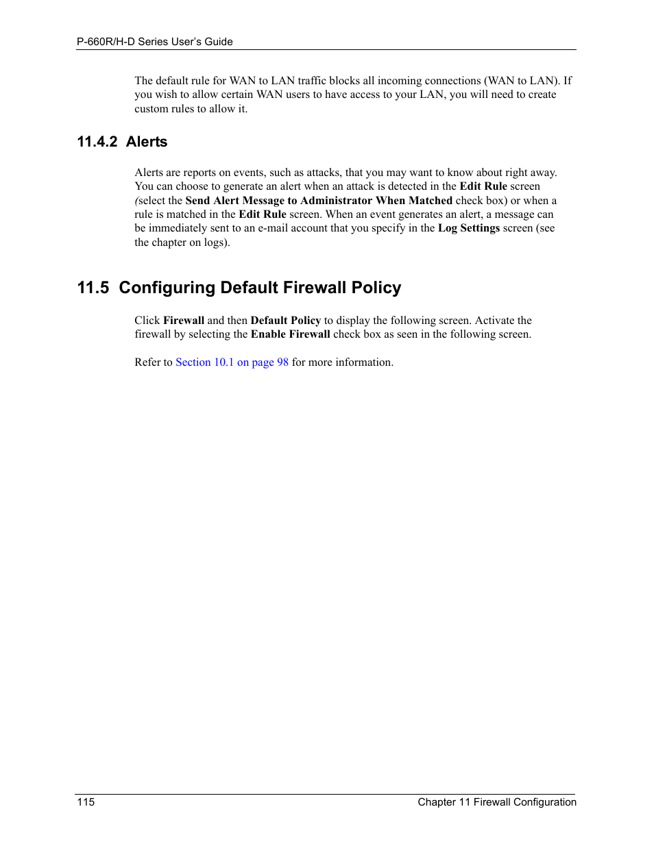 2 alerts, 5 configuring default firewall policy, Refer to | ZyXEL Communications P-660H-D Series User Manual | Page 116 / 421