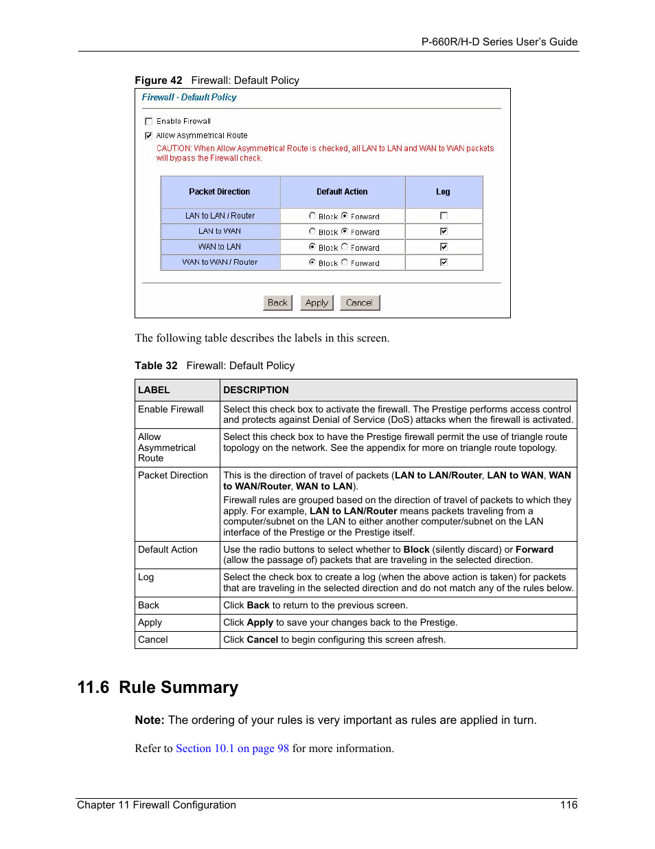 6 rule summary, Figure 42 firewall: default policy, Table 32 firewall: default policy | Refer to | ZyXEL Communications P-660H-D Series User Manual | Page 117 / 421