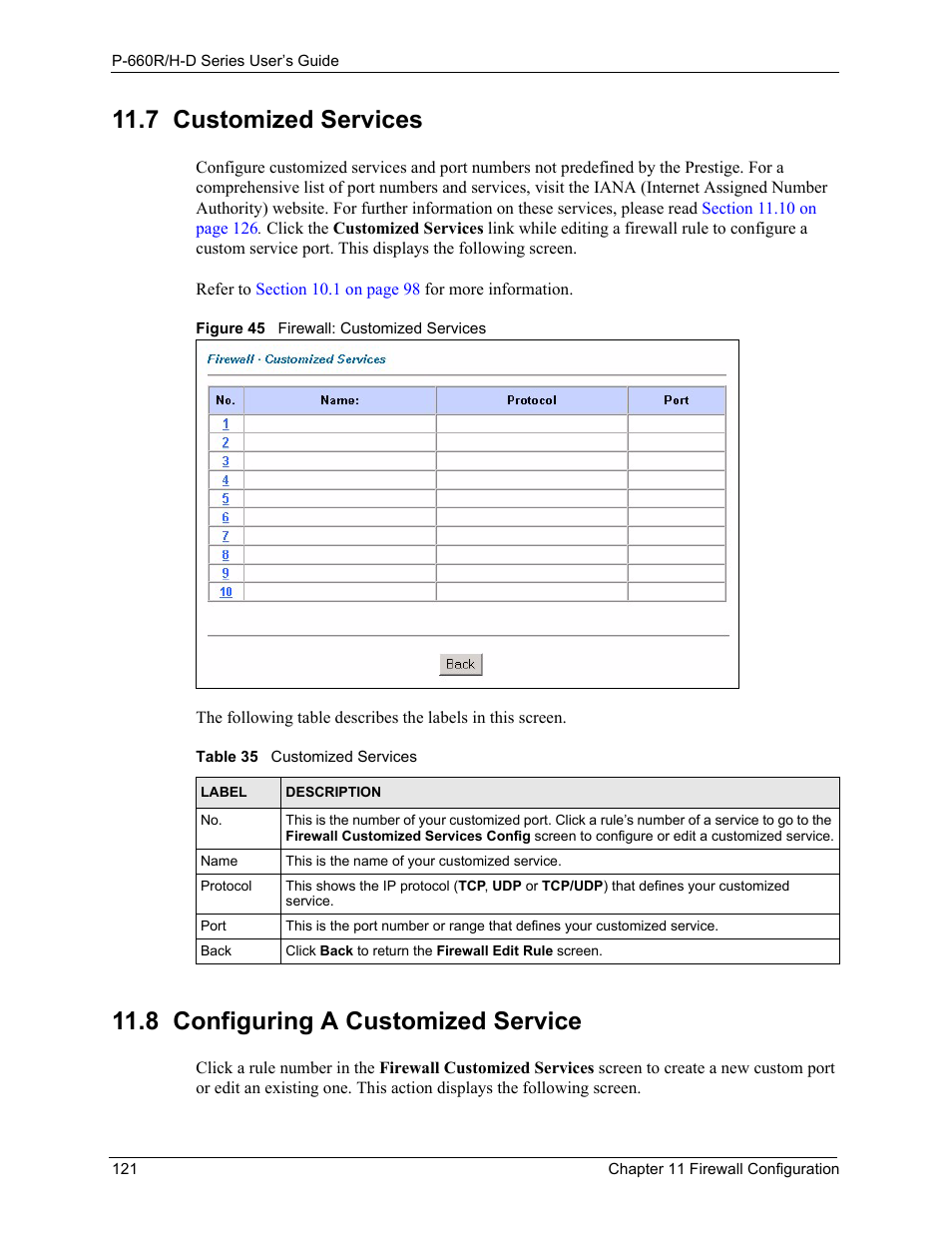 Figure 45 firewall: customized services, Table 35 customized services, Refer to | 7 customized services, 8 configuring a customized service | ZyXEL Communications P-660H-D Series User Manual | Page 122 / 421