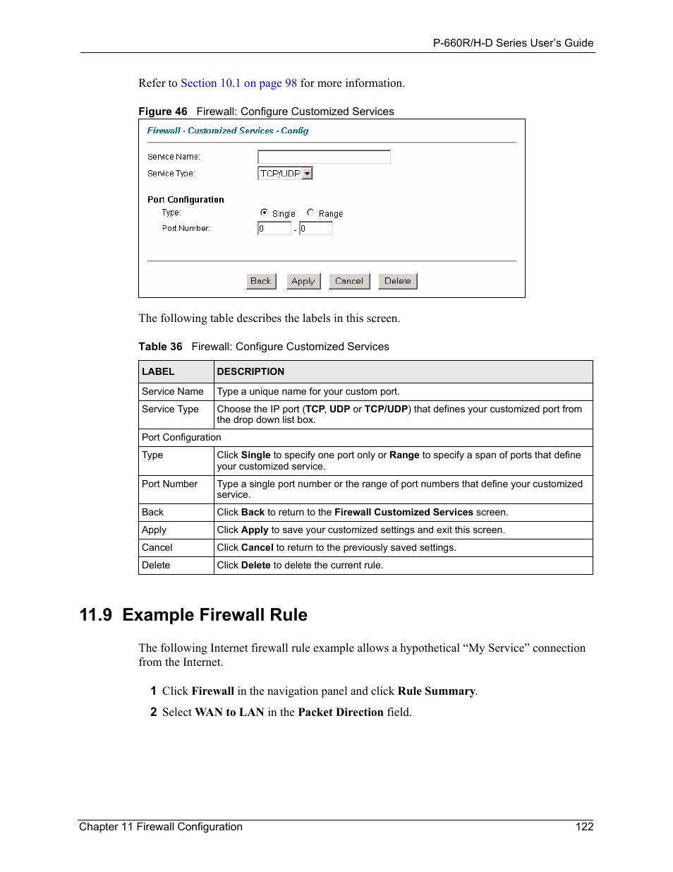 9 example firewall rule, Figure 46 firewall: configure customized services, Table 36 firewall: configure customized services | ZyXEL Communications P-660H-D Series User Manual | Page 123 / 421