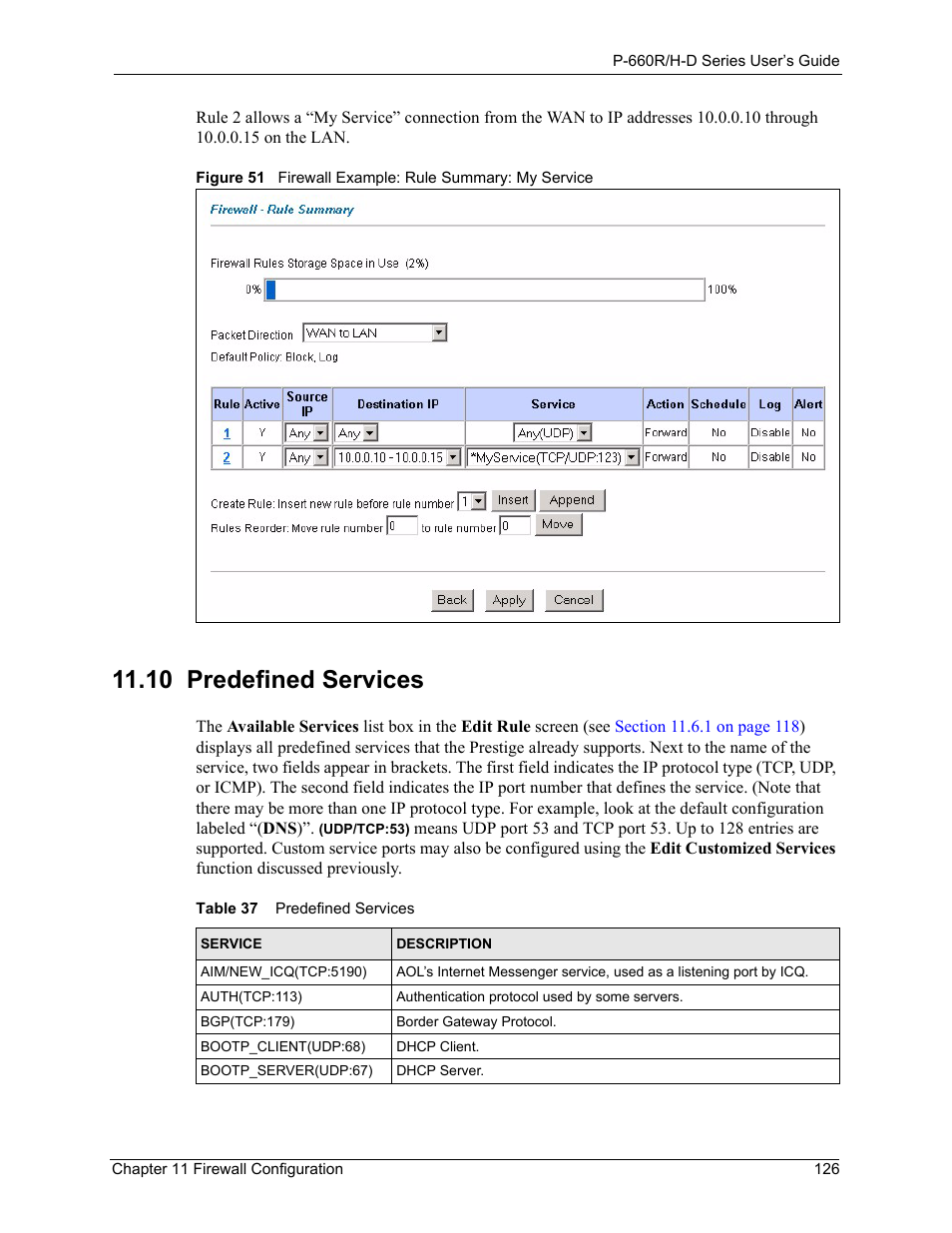 10 predefined services, Table 37 predefined services, Section 11.10 on | ZyXEL Communications P-660H-D Series User Manual | Page 127 / 421