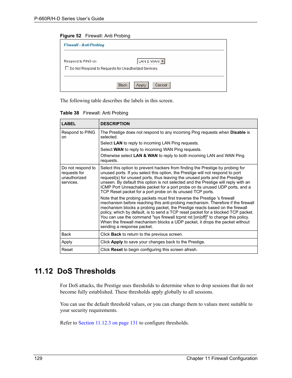 12 dos thresholds, Figure 52 firewall: anti probing, Table 38 firewall: anti probing | ZyXEL Communications P-660H-D Series User Manual | Page 130 / 421