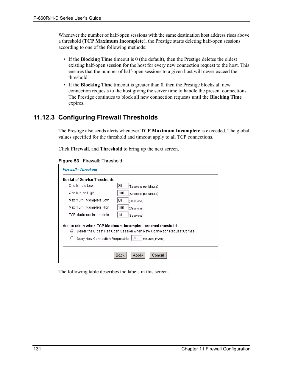 3 configuring firewall thresholds, Figure 53 firewall: threshold, Refer to | ZyXEL Communications P-660H-D Series User Manual | Page 132 / 421