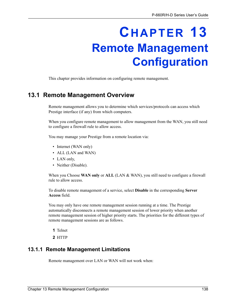 Remote management configuration, 1 remote management limitations, Chapter 13 remote management configuration | 1 remote management overview | ZyXEL Communications P-660H-D Series User Manual | Page 139 / 421