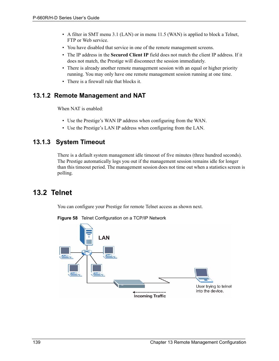 2 remote management and nat, 3 system timeout, 2 telnet | 2 remote management and nat 13.1.3 system timeout, Figure 58 telnet configuration on a tcp/ip network | ZyXEL Communications P-660H-D Series User Manual | Page 140 / 421