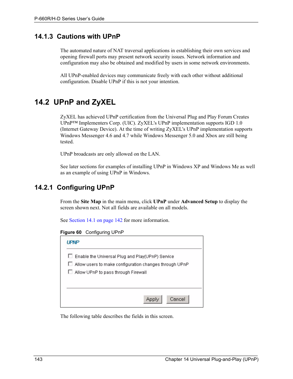 3 cautions with upnp, 2 upnp and zyxel, 1 configuring upnp | Figure 60 configuring upnp | ZyXEL Communications P-660H-D Series User Manual | Page 144 / 421