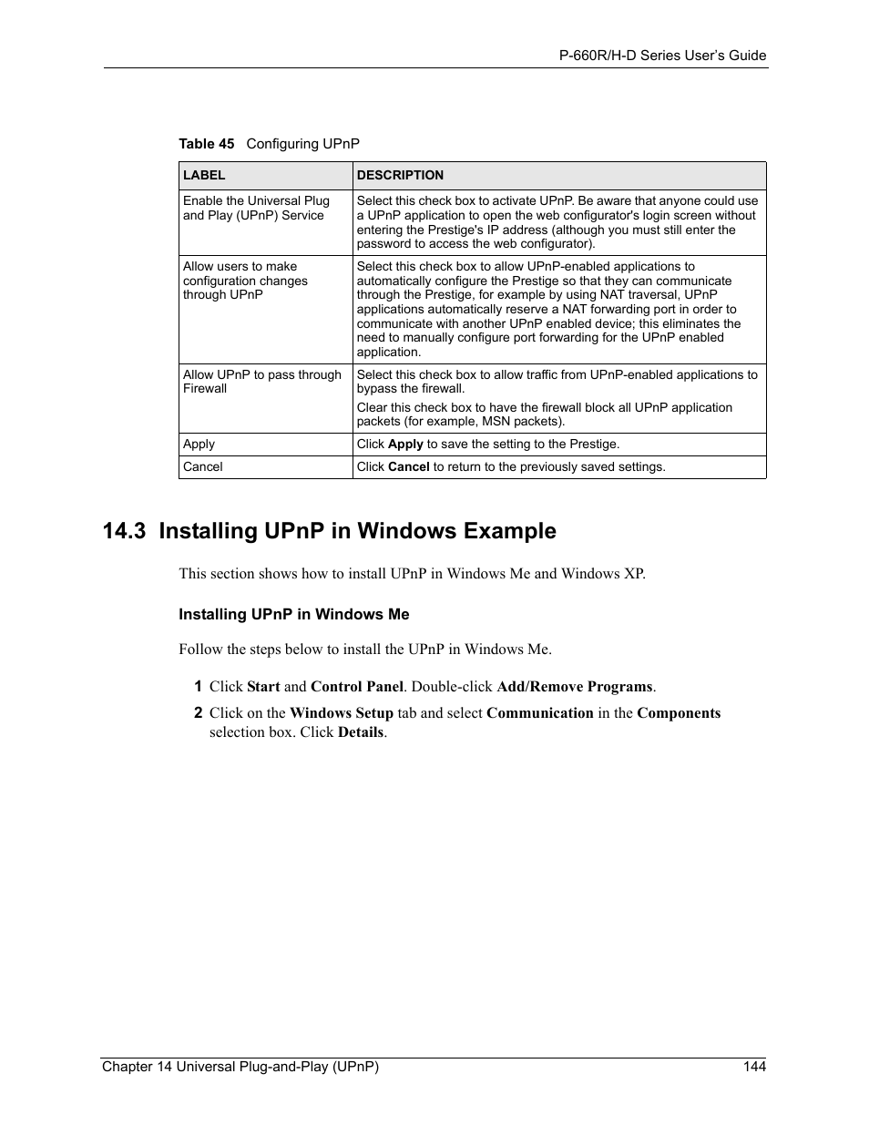 3 installing upnp in windows example, Table 45 configuring upnp | ZyXEL Communications P-660H-D Series User Manual | Page 145 / 421