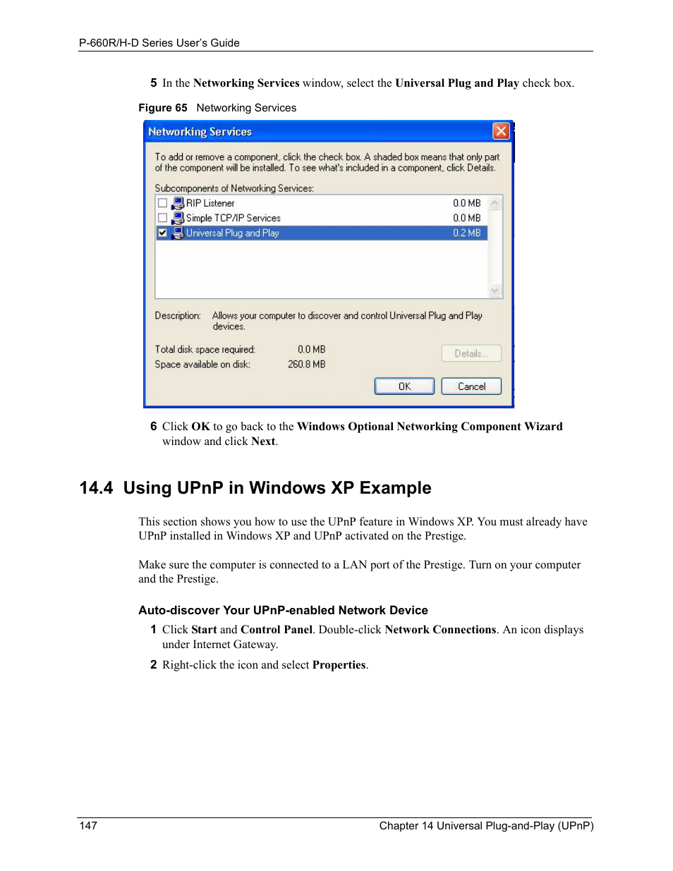 4 using upnp in windows xp example, Figure 65 networking services | ZyXEL Communications P-660H-D Series User Manual | Page 148 / 421
